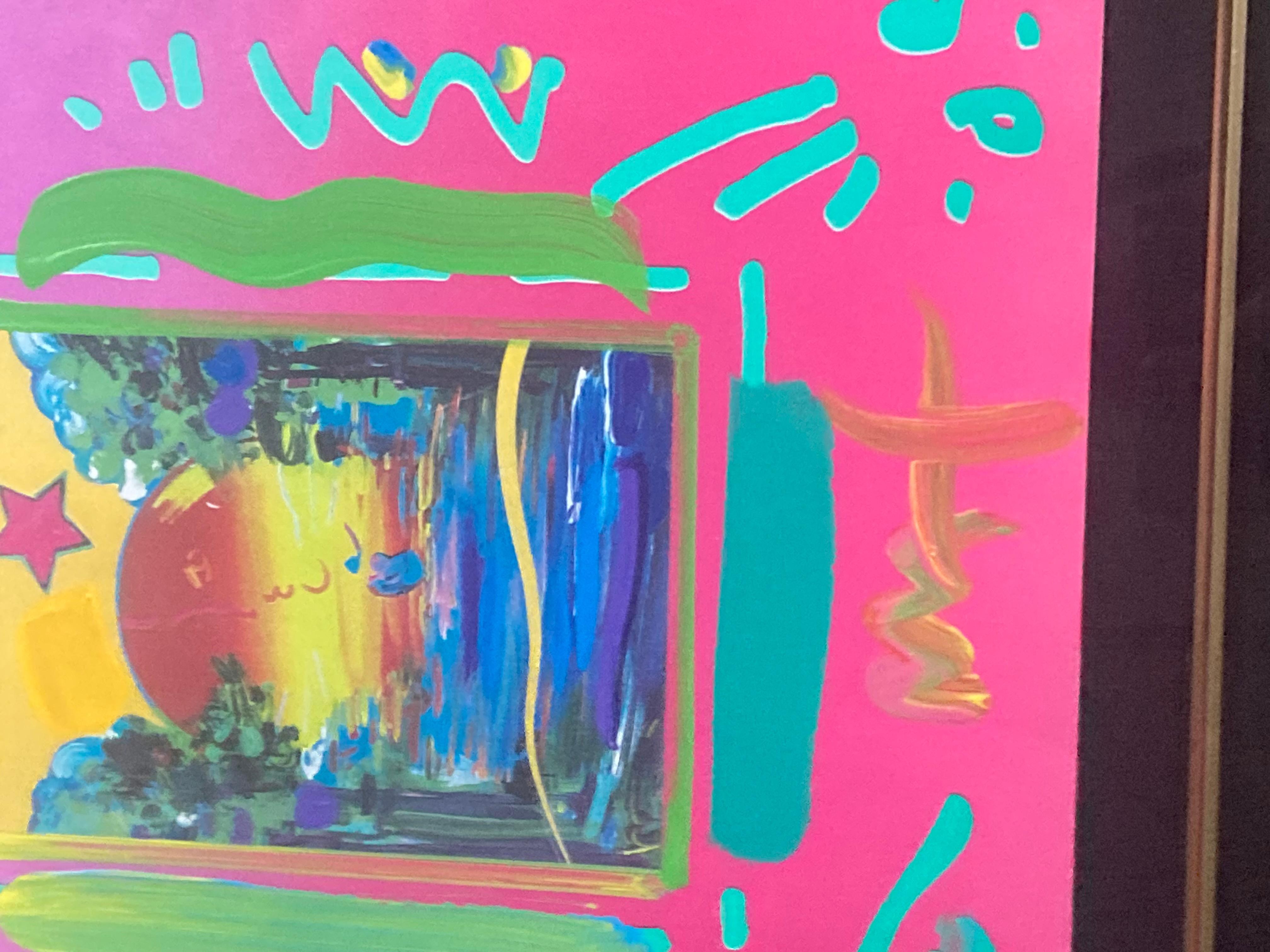 This is an original Peter max mixed media on paper. In good condition some minor frame wear. Measures 26x24. Comes with coa