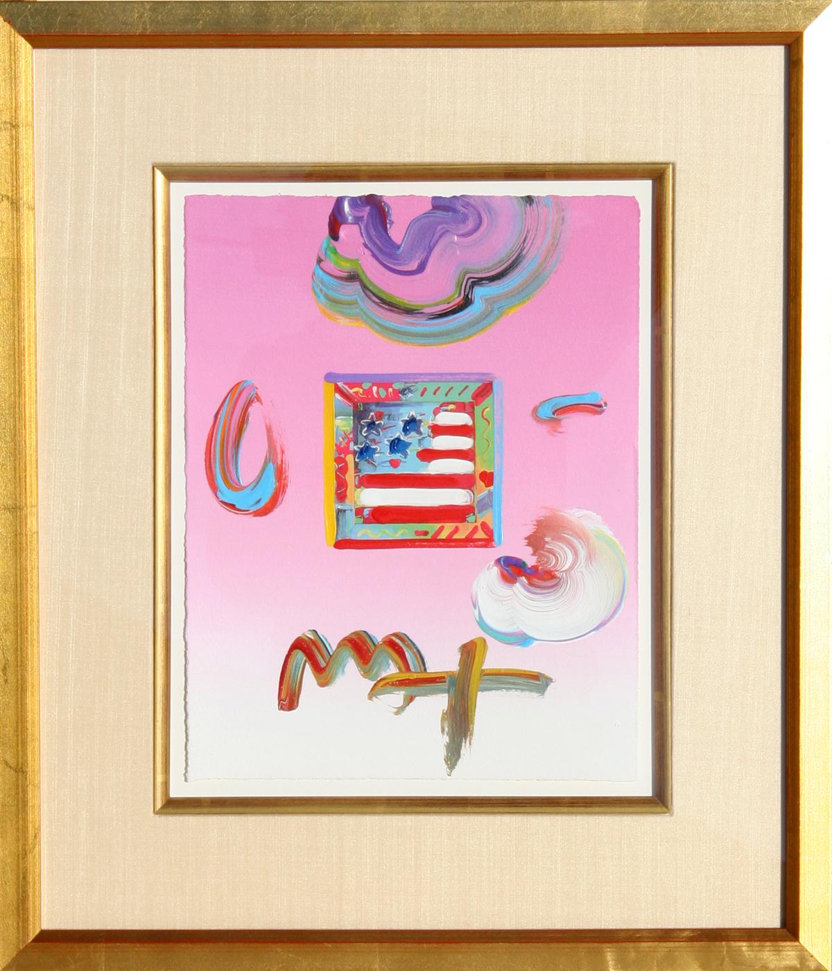 Künstler: Peter Max, deutsch/amerikanisch (1937 - )
Titel: Flagge (Rosa)
Jahr: 2009
Medium: Acryl und Collage auf Papier, signiert 
Größe: 11 in. x 8.5 in. (27,94 cm x 21,59 cm)
Rahmengröße: 20 x 17 Zoll