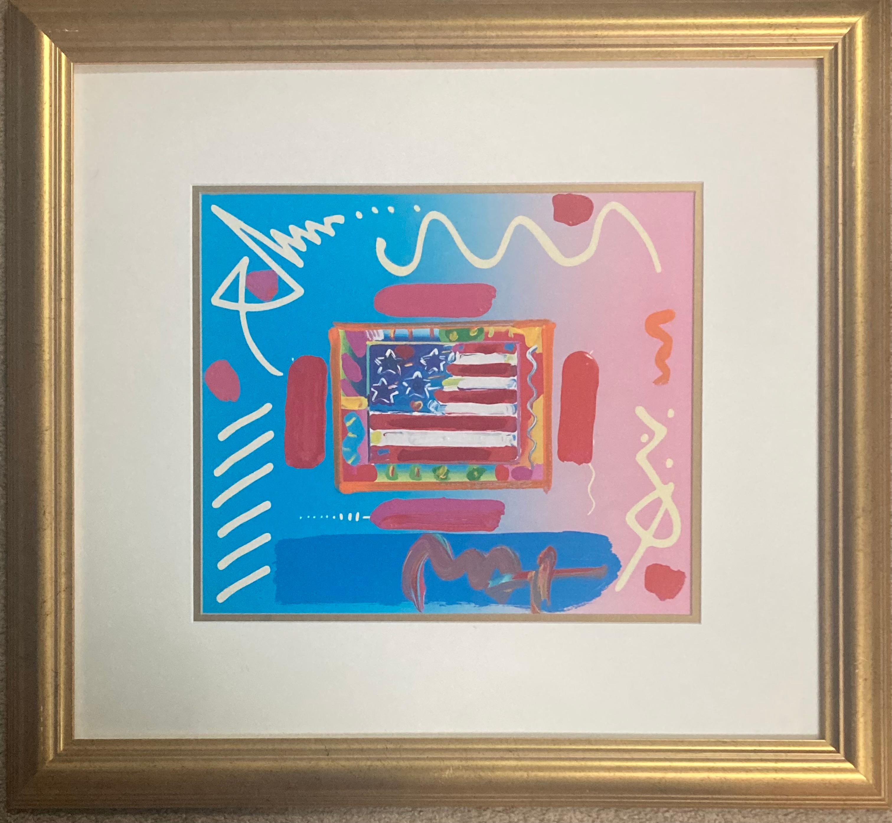 “Flag with Heart Collage, version 1” - Painting by Peter Max