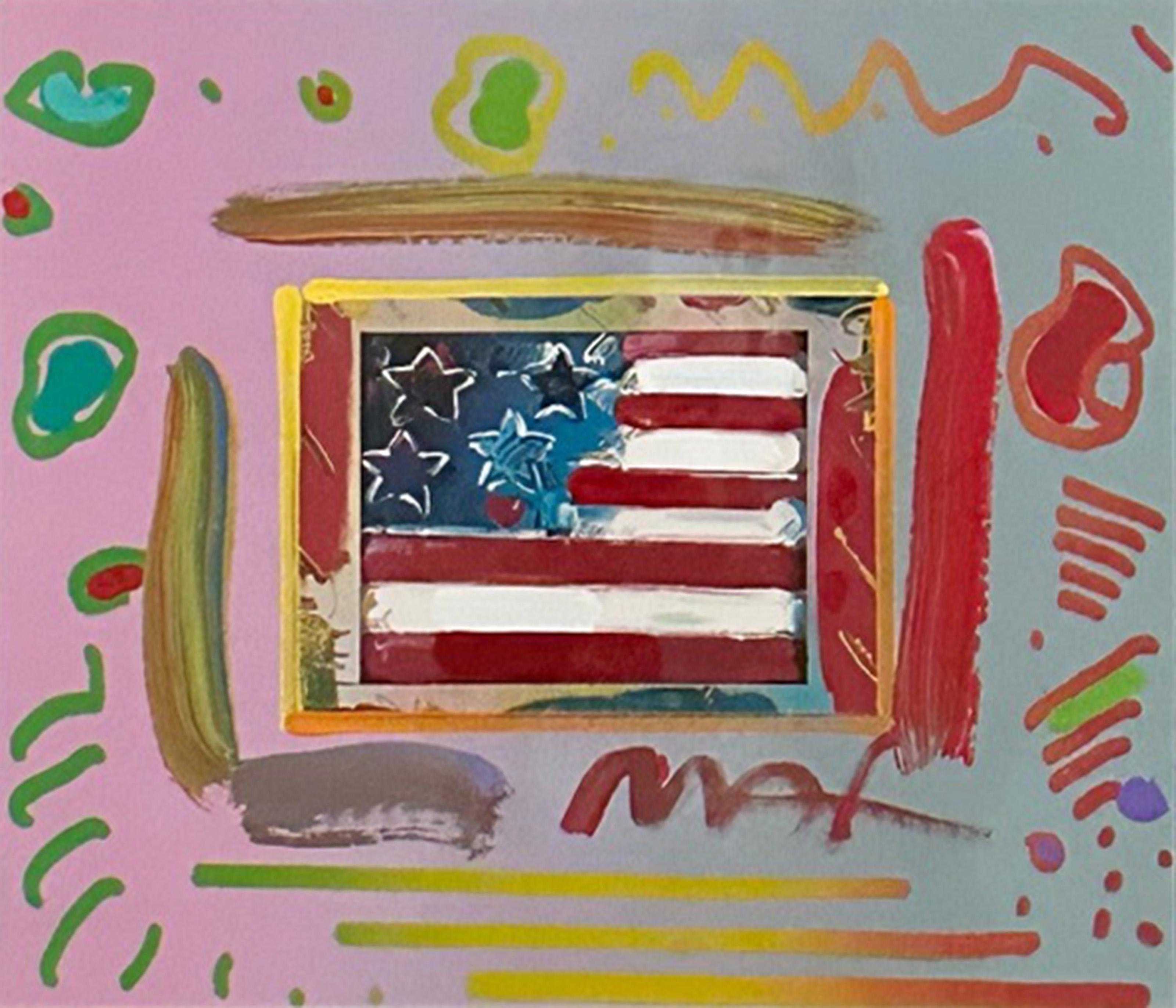 Flag with Heart, Acrylic and Mixed Media Painting by Peter Max For Sale 1