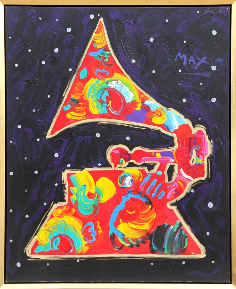 Artist: Peter Max
Title: Grammy
Year: 1991
Medium: Acrylic on Canvas, signed upper right, with Max studio verso
Size: 60 x 48 inches (152.4 x 121.92 cm)
Frame: 63 x 51 inches

Max was invited in 1989 by the National Academy of Recording Arts and