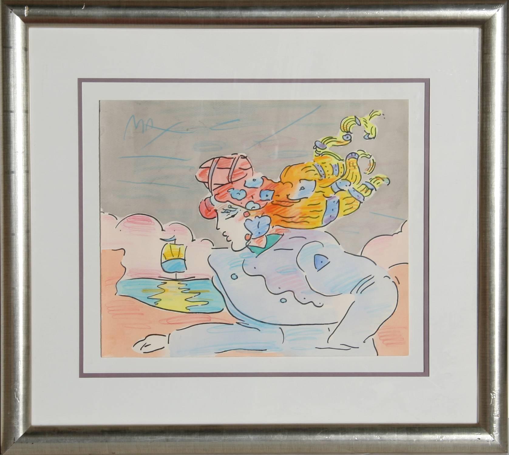 Signora e barca a vela V.I.I. No. 1 - Arte psichedelica ad acquerello e inchiostro di Peter Max