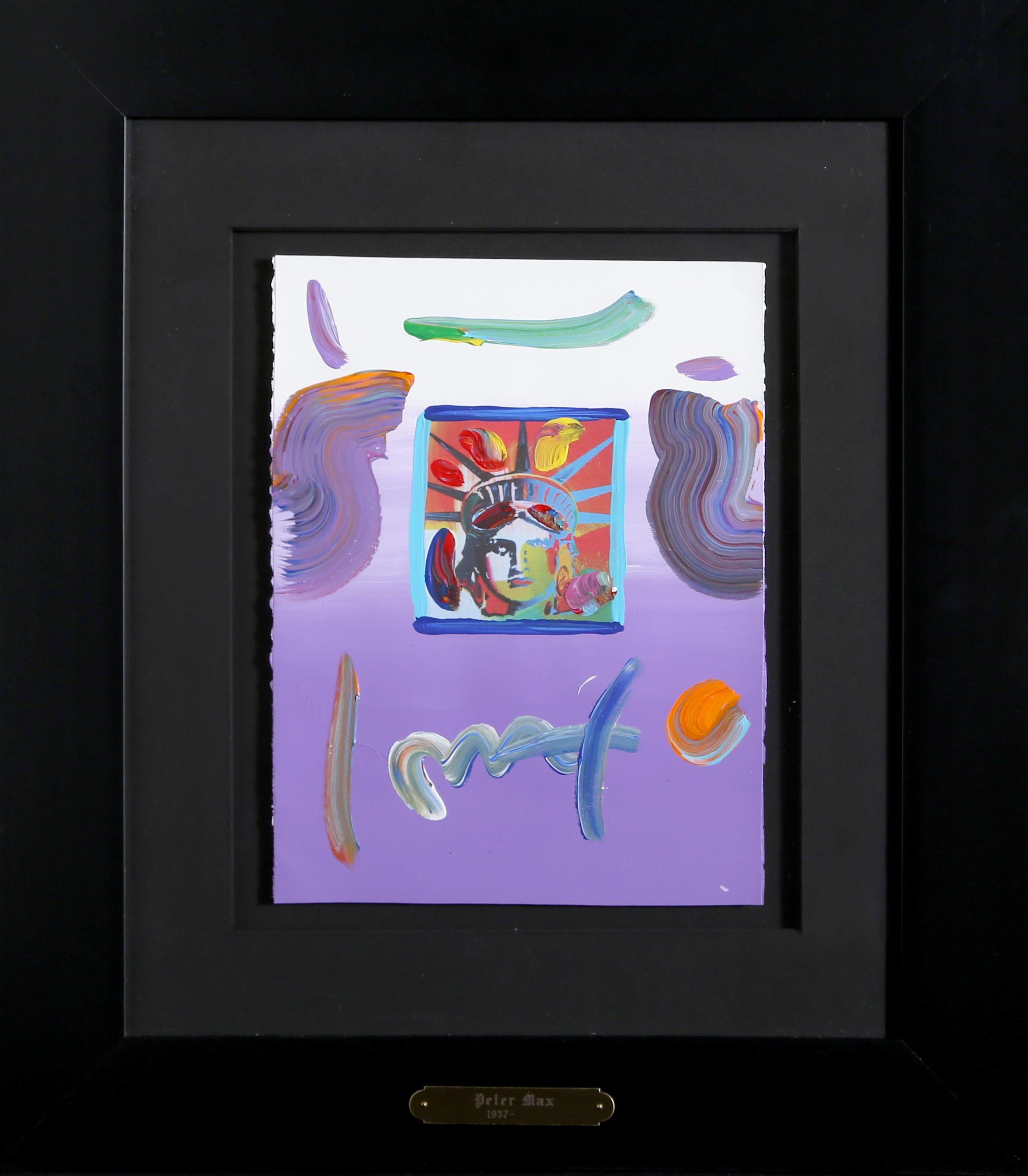 Artist: Peter Max, German/American (1937 - )
Title: Liberty Head (Purple)
Year: 2010
Medium: Mixed Media Acrylic and Collage, signed
Size: 11 x 8.25 in. (27.94 x 20.96 cm)
Frame Size: 20 x 17.75 inches