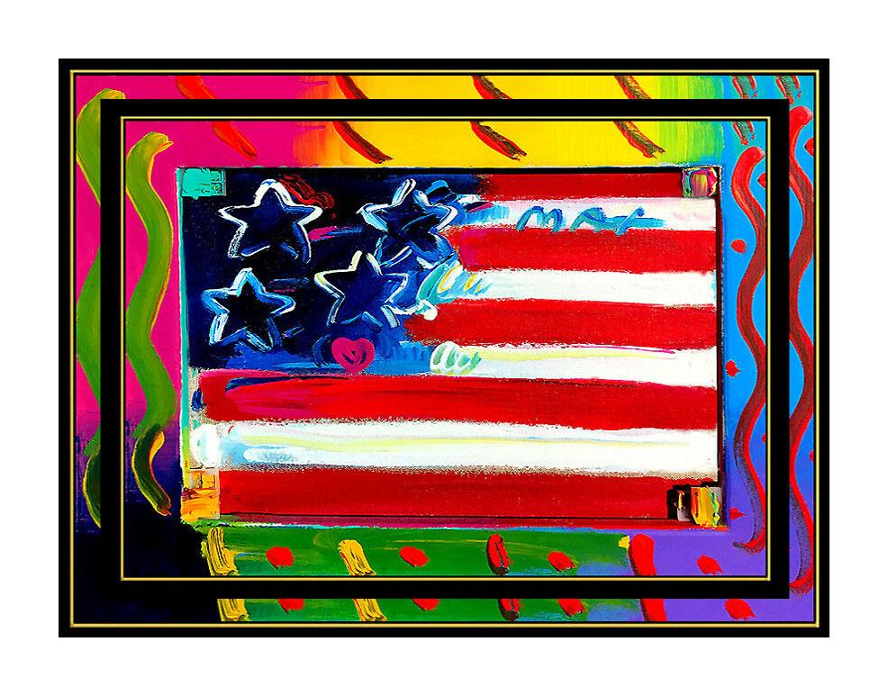 PETER MAX Acrylic PAINTING on CANVAS All ORIGINAL FLAG with HEART Signed Art oil - Painting by Peter Max