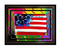 PETER MAX Acrylic PAINTING on CANVAS All ORIGINAL FLAG with HEART Signed Art oil