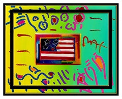 PETER MAX Acrylic Painting ORIGINAL FLAG WITH HEART Signed POP ART oil Love USA