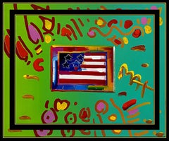 PETER MAX Acrylic Painting ORIGINAL FLAG WITH HEART Signed POP ART oil Love USA