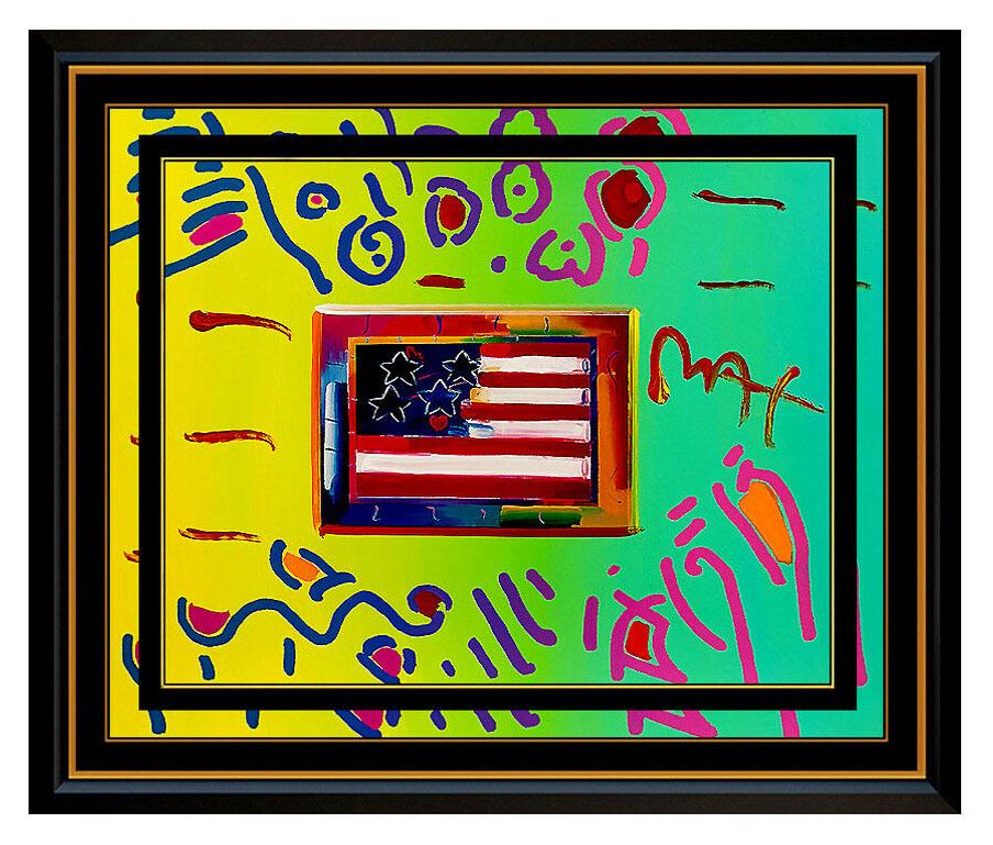 Peter Max Abstract Painting - PETER MAX Acrylic Painting ORIGINAL FLAG WITH HEART Signed POP ART oil Love USA