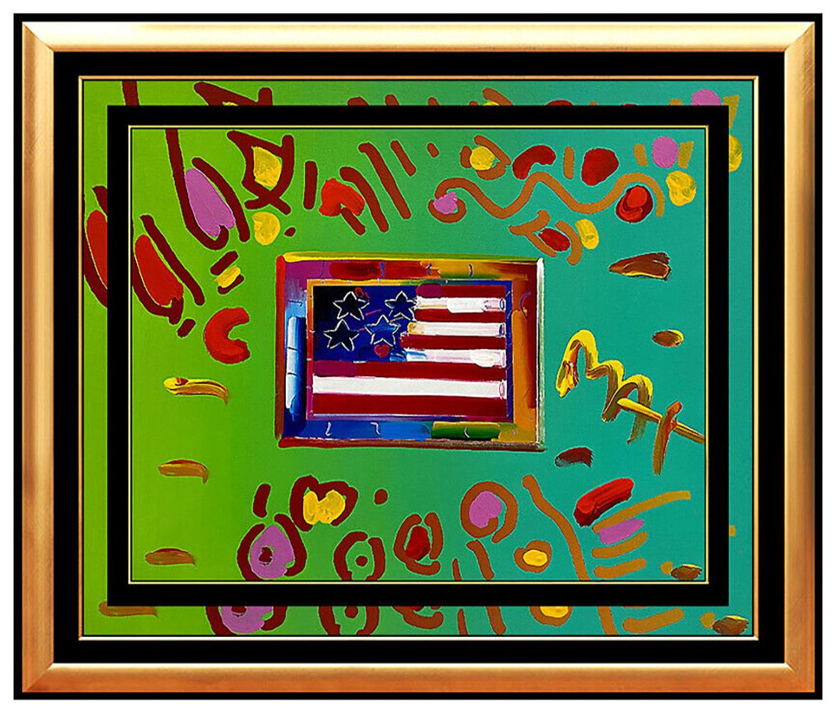 Peter Max Figurative Painting - PETER MAX Acrylic Painting ORIGINAL FLAG WITH HEART Signed POP ART oil Love USA