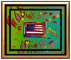 PETER MAX Acrylic Painting ORIGINAL FLAG WITH HEART Signed POP ART oil Love USA