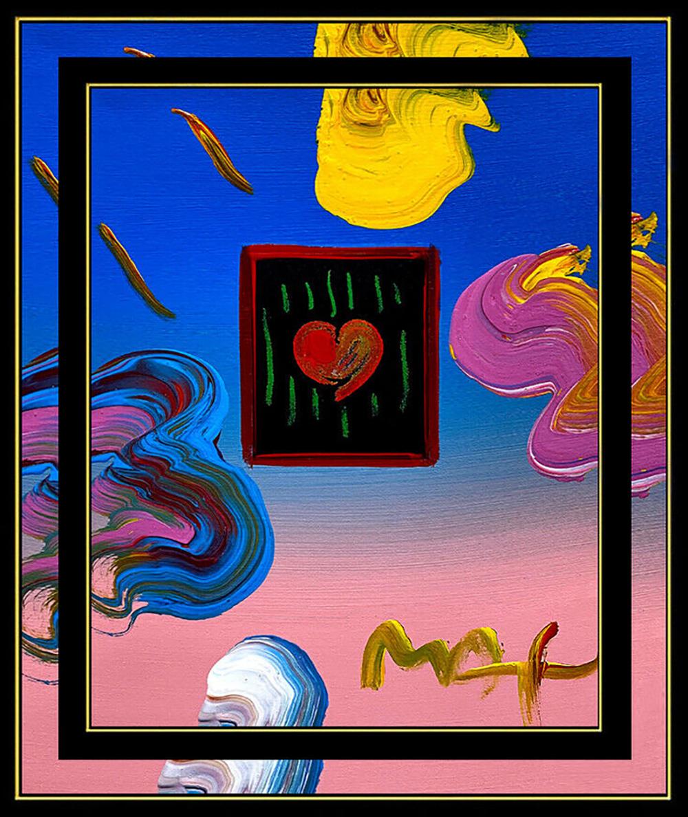 PETER MAX Acrylic Painting ORIGINAL HEART Signed POP ART Love Beauty Profile Oil - Black Abstract Painting by Peter Max