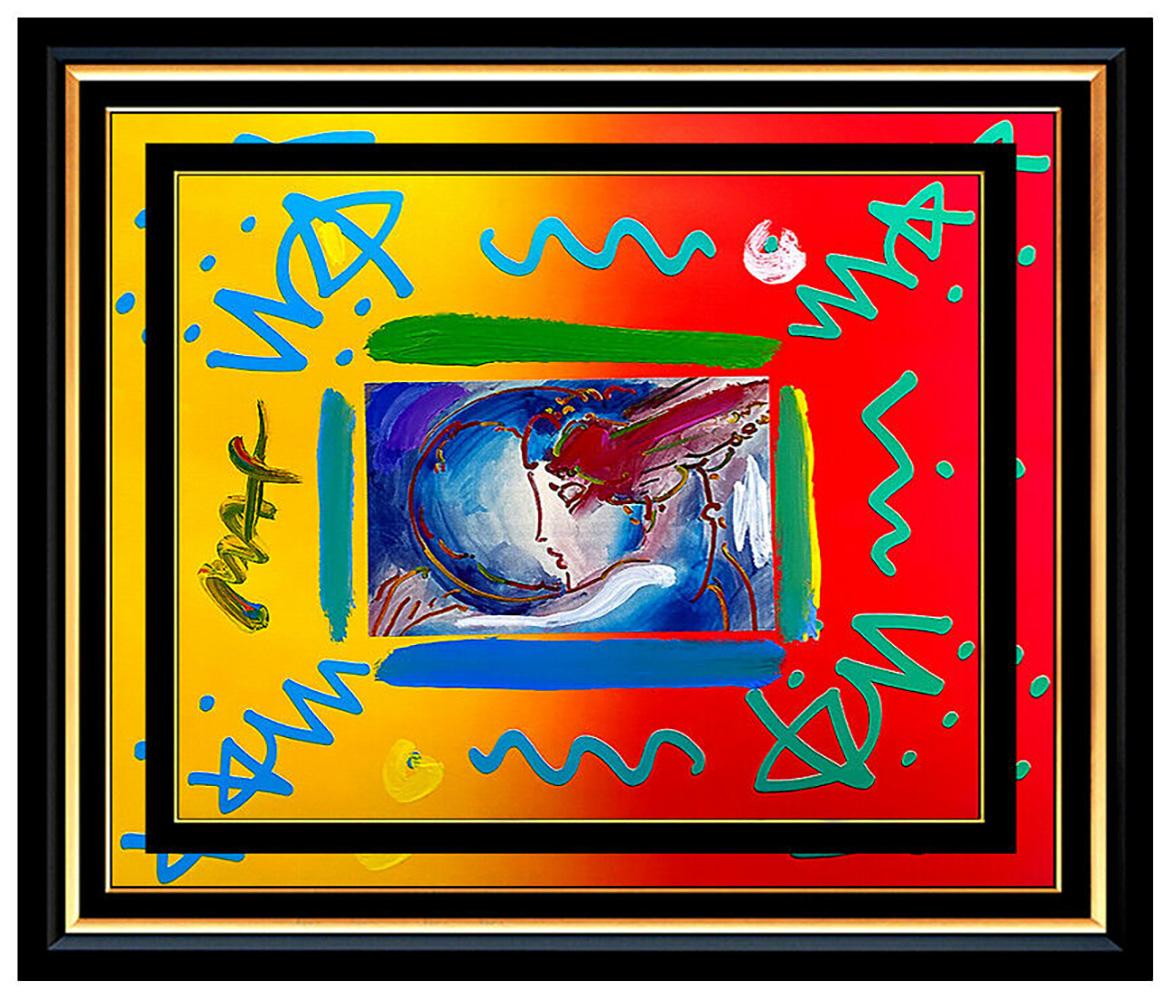 Peter Max Figurative Painting - PETER MAX Acrylic PAINTING Original I LOVE THE WORLD Signed POP ART oil ICONIC