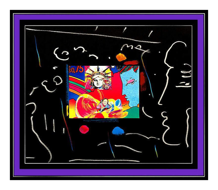 PETER MAX Acrylic Painting ORIGINAL LIBERTY HEAD Signed Pop Art Pastel Collage - Black Figurative Painting by Peter Max