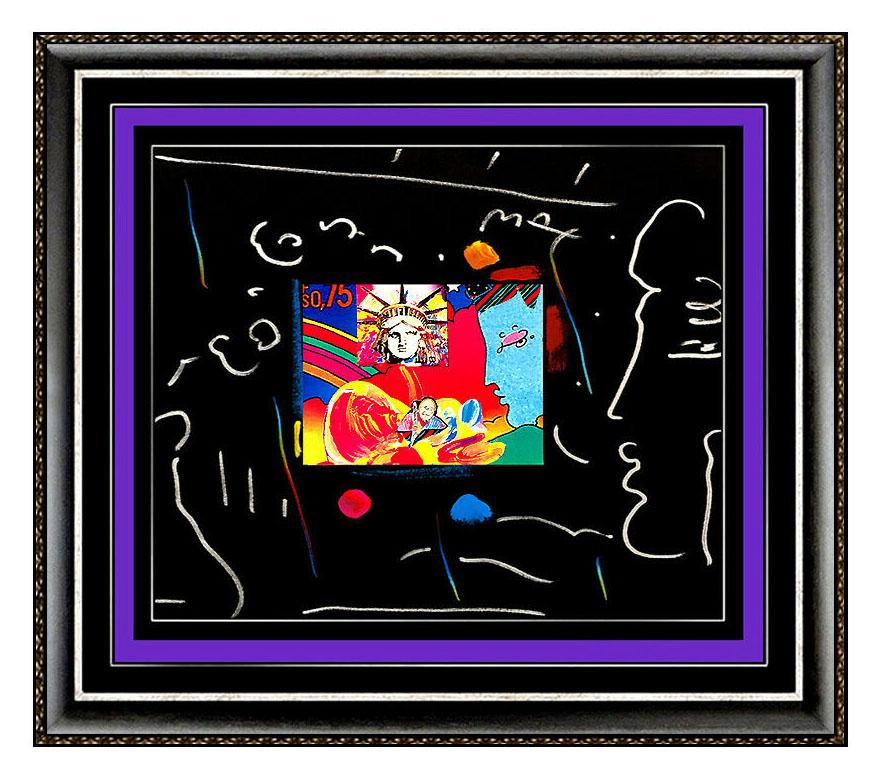 Peter Max Figurative Painting - PETER MAX Acrylic Painting ORIGINAL LIBERTY HEAD Signed Pop Art Pastel Collage