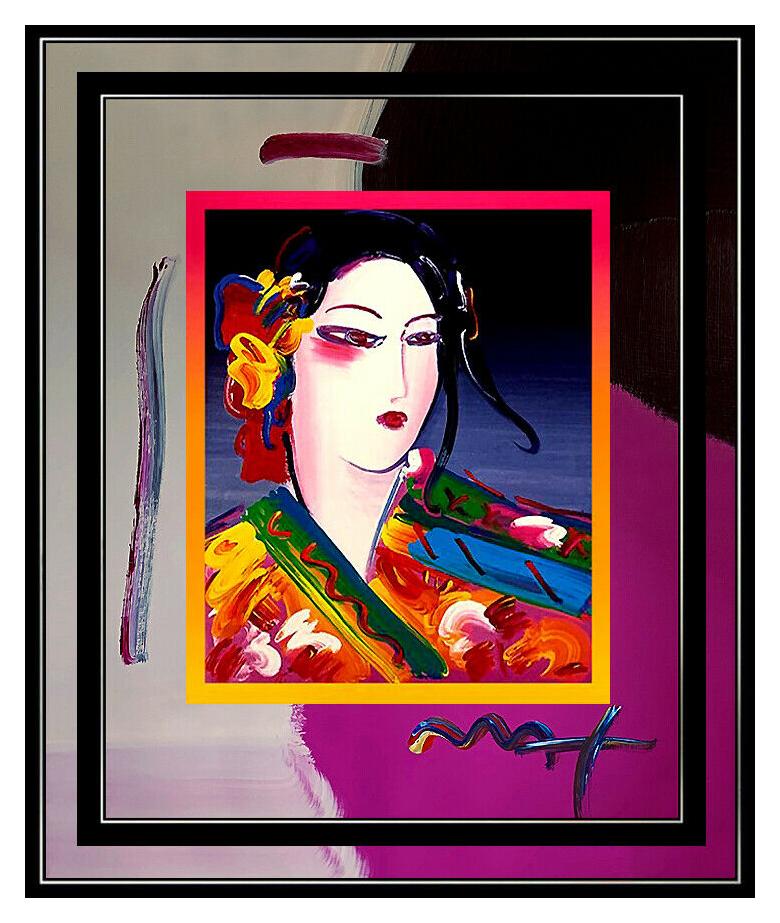 PETER MAX Acrylic Painting ORIGINAL Signed ASIA Beauty Profile Pop ART large oil - Black Figurative Painting by Peter Max