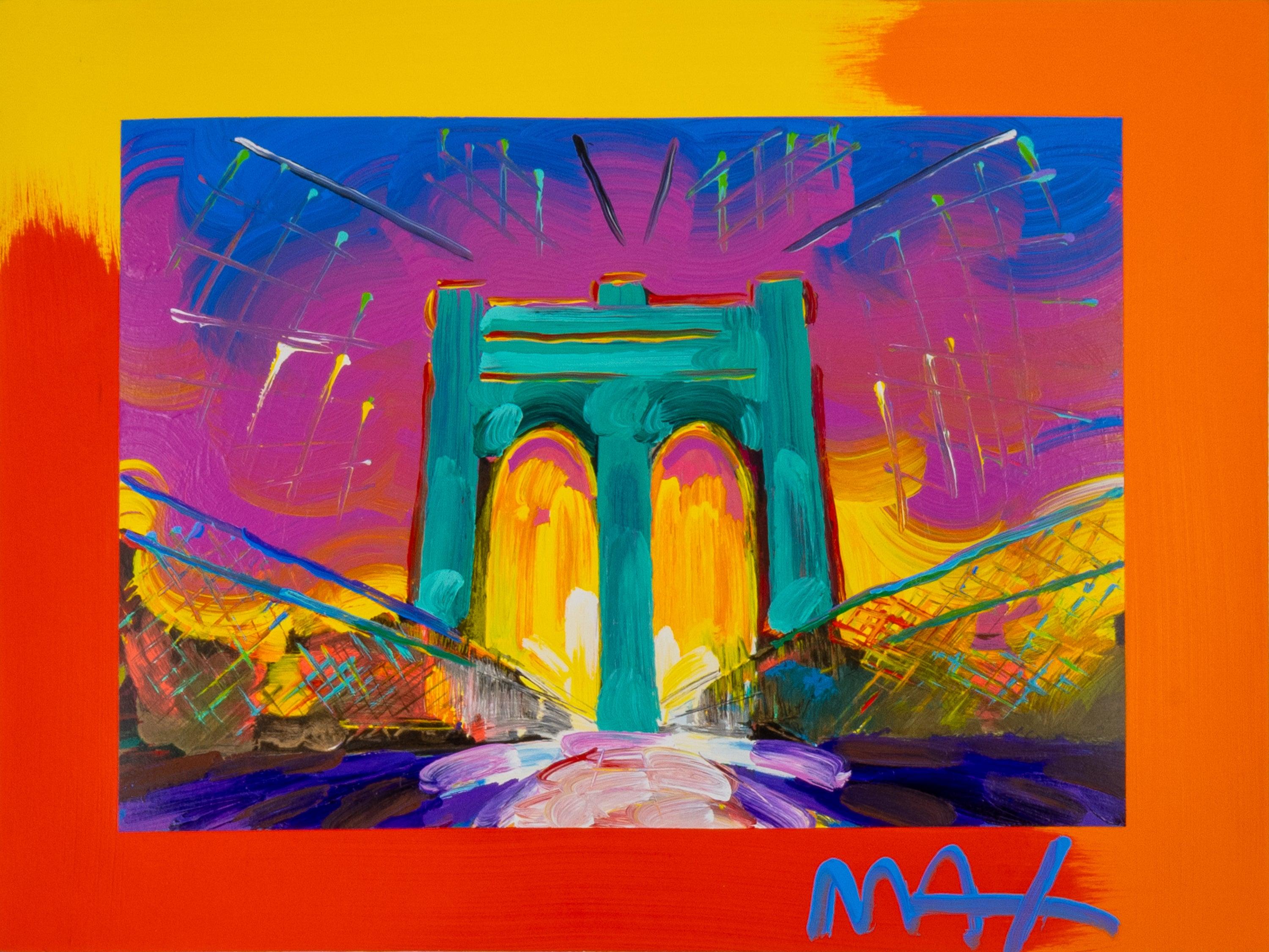 Peter Max Brooklyn Bridge Peinture originale sur support mixte signée sur lithographie