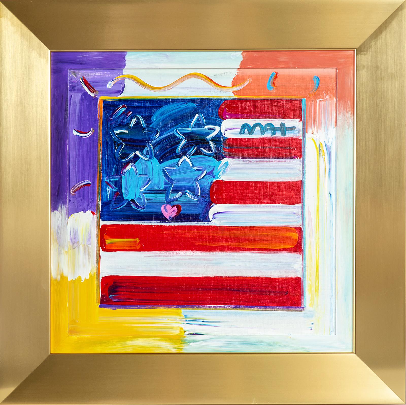 Artist: Peter Max
Title: Flag with Heart
Medium: Original Acrylic Painting on Canvas
Size: 16x16, 23.5 x 23.5 framed
Year: 2013
Studio Number 296559.0000 also marked and stamped on the back of the canvas

Peter Max Original Acrylic Painting on