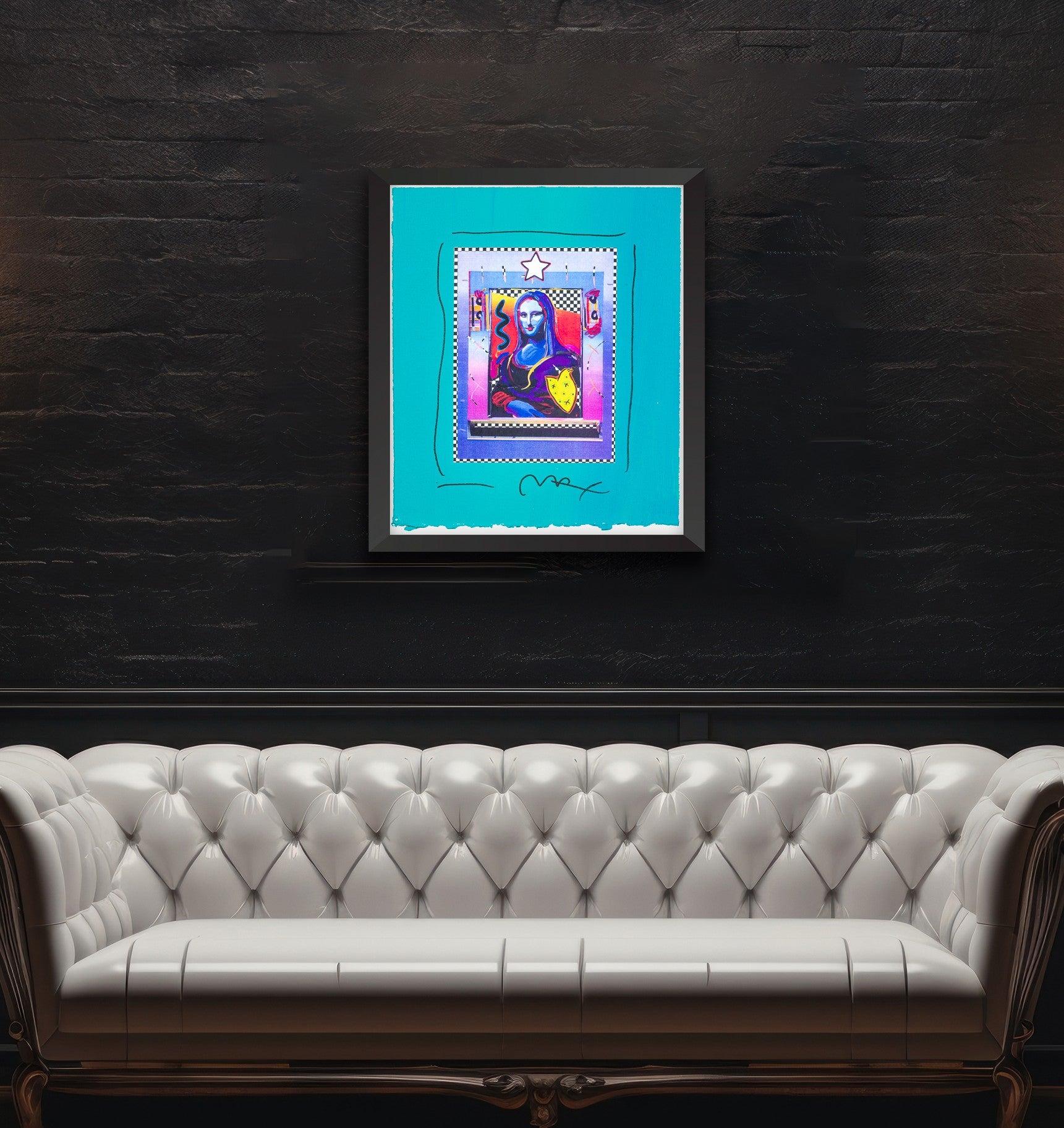 Artist: Peter Max
Title: Mona Lisa
Medium: Mixed Media Original Acrylic Painting with ink and Collage
Dimensions: 14" x 12"
Year: 1996
Inscription: Signed "Max" on the bottom front
Documentation: Includes Peter Max studio label with Studio number on
