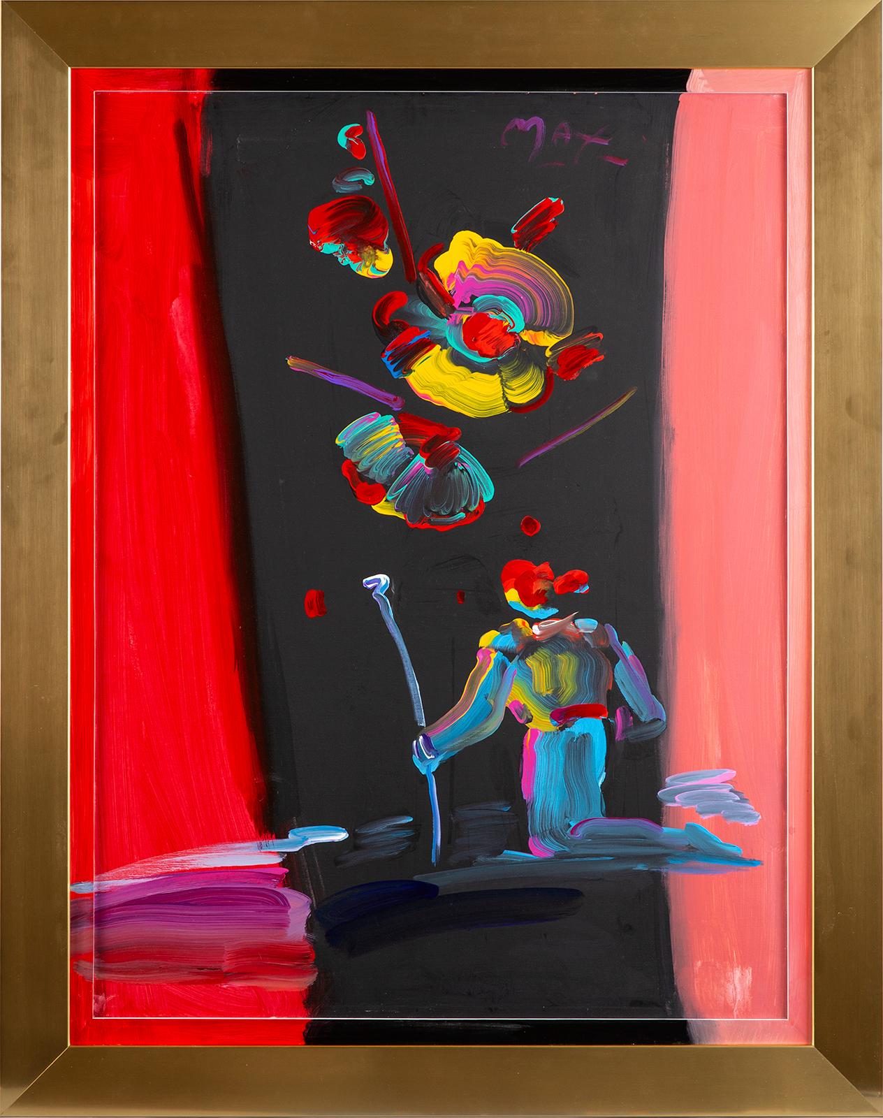 Artist: Peter Max
Title: R.S. Kneeling Sage II
Medium: Acrylic on canvas
Framing: Framed and Matted
Size: 40" x 30"
Inscription: Signed “Max” in upper right
Peter Max studio reference number: 8290
Condition: Museum quality
Documentation: Includes