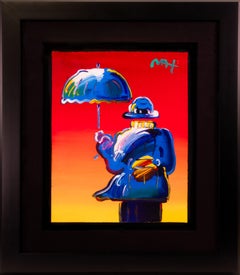 Peter Max Original Acrylic Painting Umbrella Man on Red 2015 Signed Ver. III #38