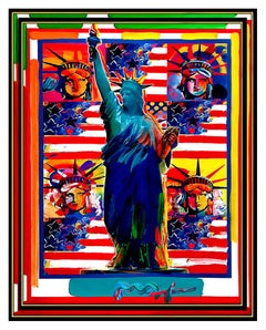 PETER MAX Original PAINTING GOD BLESS AMERICA 5 Statue of Liberty HEADS Signed