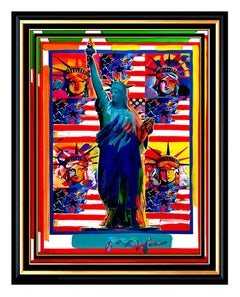 PETER MAX Original PAINTING GOD BLESS AMERICA 5 Statue of Liberty HEADS Signed