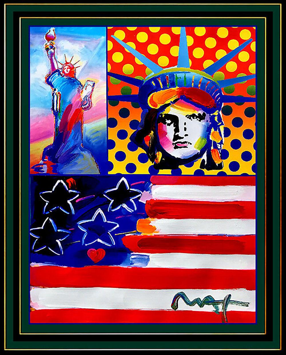 PETER MAX Original PAINTING God Bless AMERICA Statue of Liberty HEAD Signed Art - Painting by Peter Max