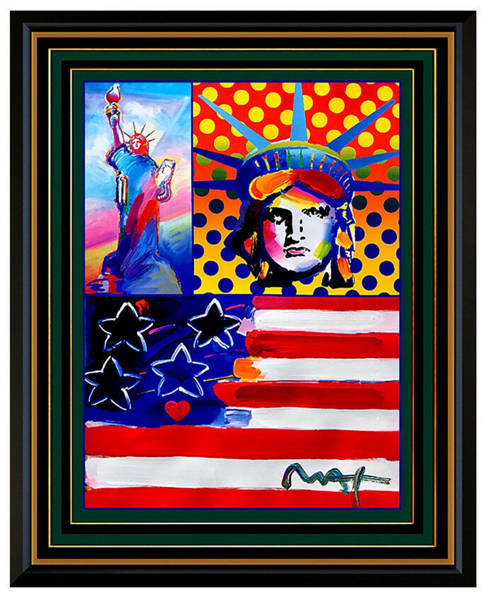 Peter Max Portrait Painting - PETER MAX Original PAINTING God Bless AMERICA Statue of Liberty HEAD Signed Art