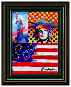 PETER MAX Original PAINTING God Bless AMERICA Statue of Liberty HEAD Signed Art