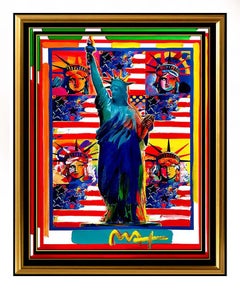 PETER MAX Original PAINTING God Bless AMERICA Statue of Liberty HEAD Signed SBO