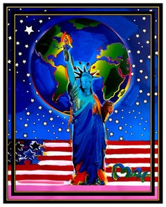 PETER MAX Original PAINTING PEACE ON EARTH Statue of Liberty HEAD Signed Art
