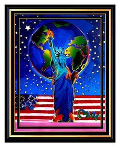 PETER MAX Original PAINTING PEACE ON EARTH Statue of Liberty HEAD Signed Art