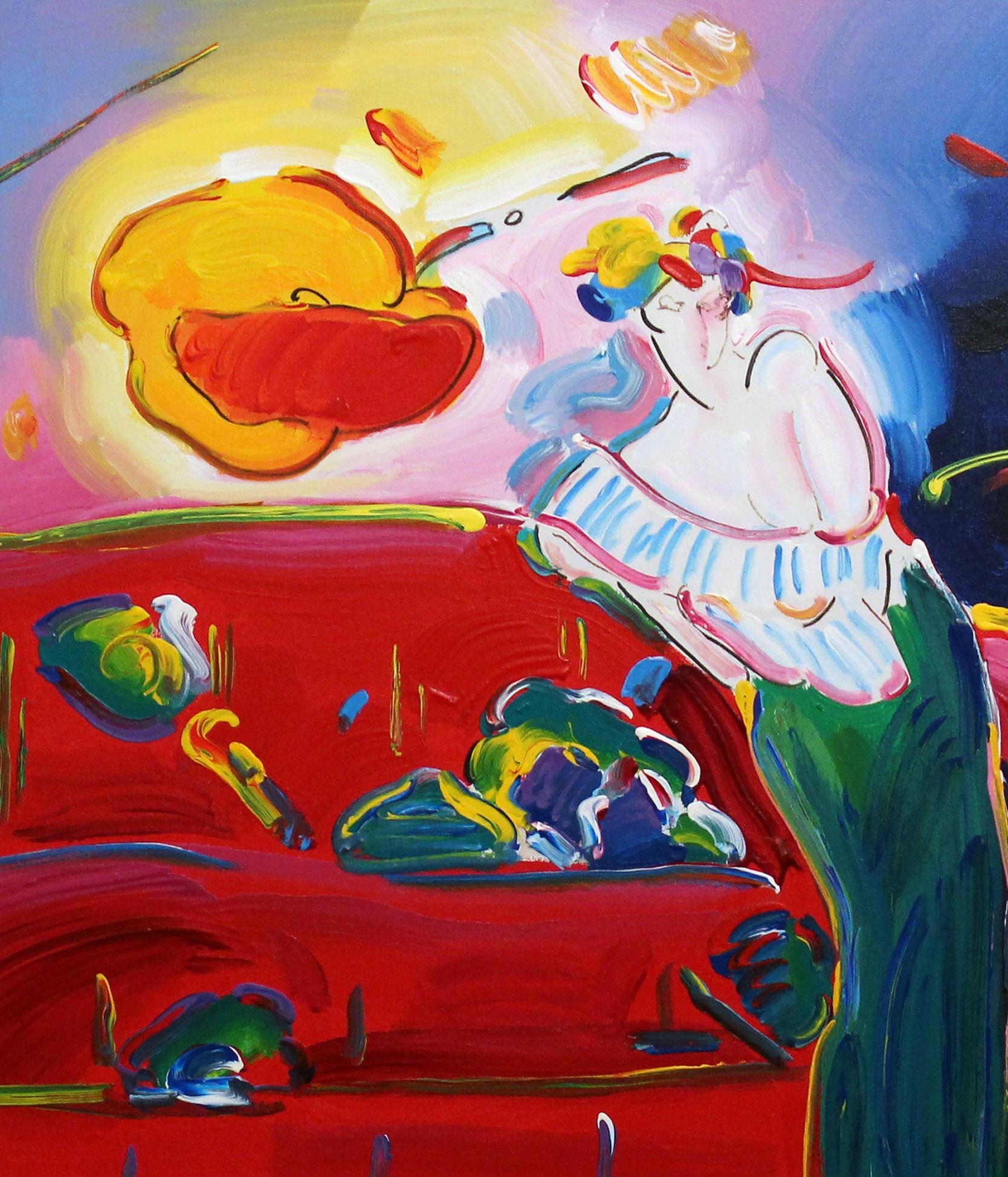 This is a one of a kind large unique painting by Peter Max which depicts a woman posed by a couch.

This is a fully finished composition where every inch of the canvas was addressed in detail.

This work was purchased from the artist himself and