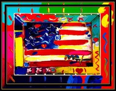 PETER MAX Original signed PAINTING FLAG WITH HEART Art USA America Liberty LARGE