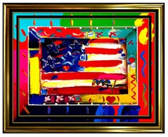 PETER MAX Original signed PAINTING FLAG WITH HEART Art USA America Liberty LARGE