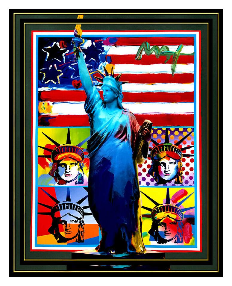 PETER MAX original signed PAINTING FULL STATUE of LIBERTY Head with FLAG Pop Art - Painting by Peter Max