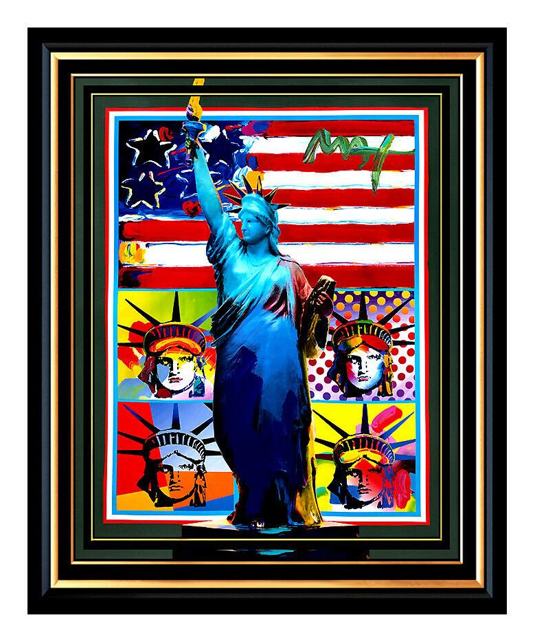 Peter Max Figurative Painting - PETER MAX original signed PAINTING FULL STATUE of LIBERTY Head with FLAG Pop Art