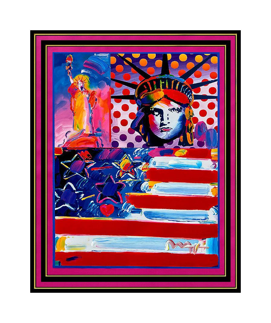 PETER MAX original signed PAINTING GOD BLESS AMERICA statue of Liberty HEAD USA - Painting by Peter Max