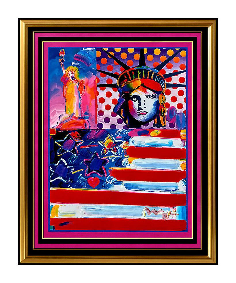 Peter Max Abstract Painting - PETER MAX original signed PAINTING GOD BLESS AMERICA statue of Liberty HEAD USA