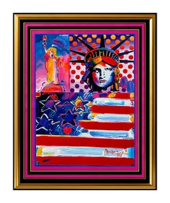 PETER MAX original signed PAINTING GOD BLESS AMERICA statue of Liberty HEAD USA