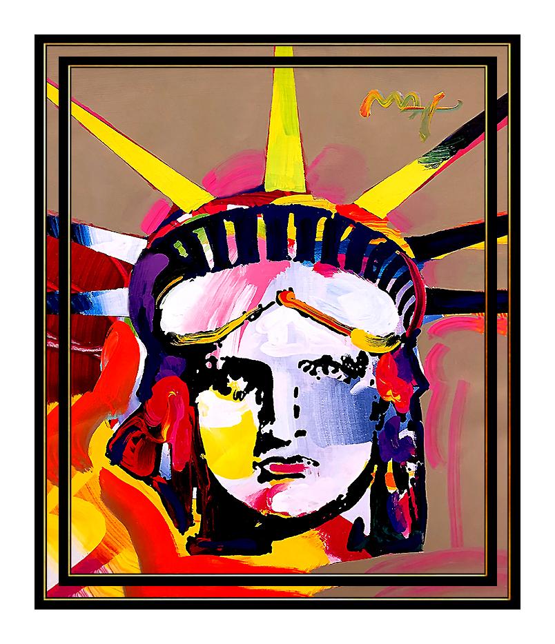 PETER MAX original signed PAINTING Large DELTA Statue of LIBERTY Head USA - Painting by Peter Max