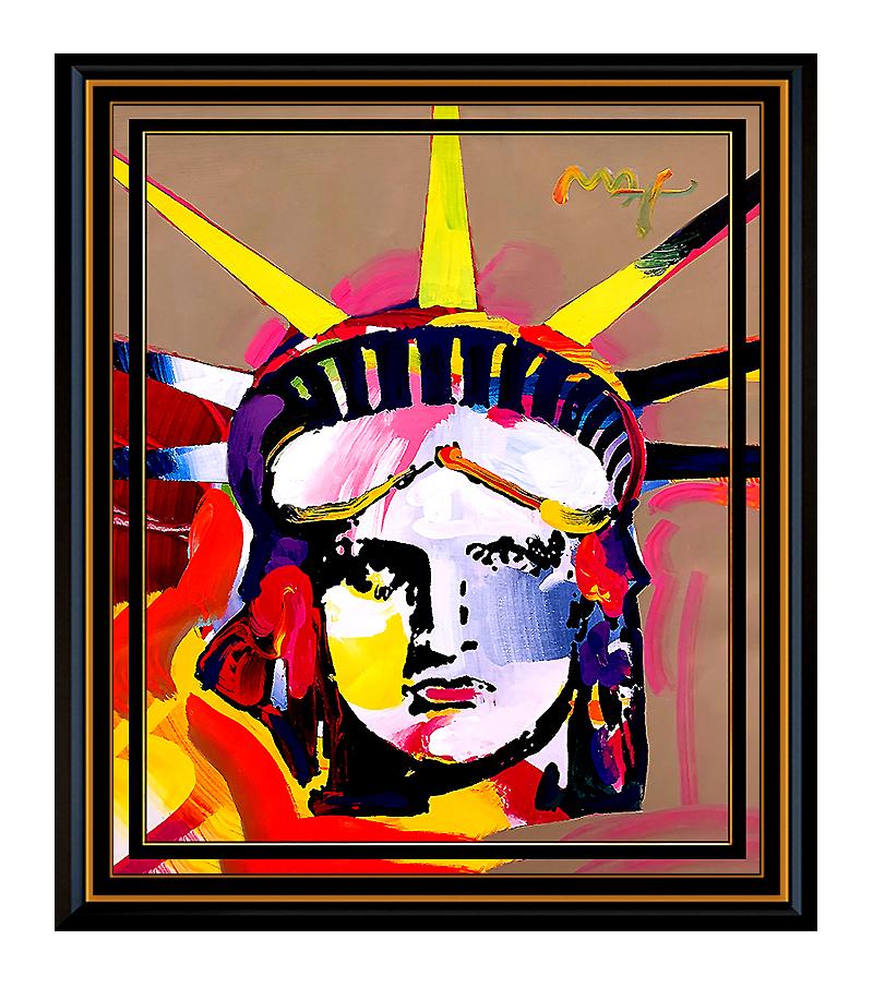 Peter Max Portrait Painting - PETER MAX original signed PAINTING Large DELTA Statue of LIBERTY Head USA