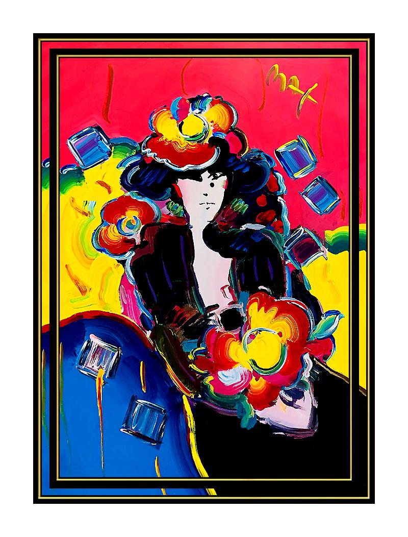 PETER MAX Original Signed PAINTING Large POP ART LADY with FLOWERS Acrylic Rare - Painting by Peter Max