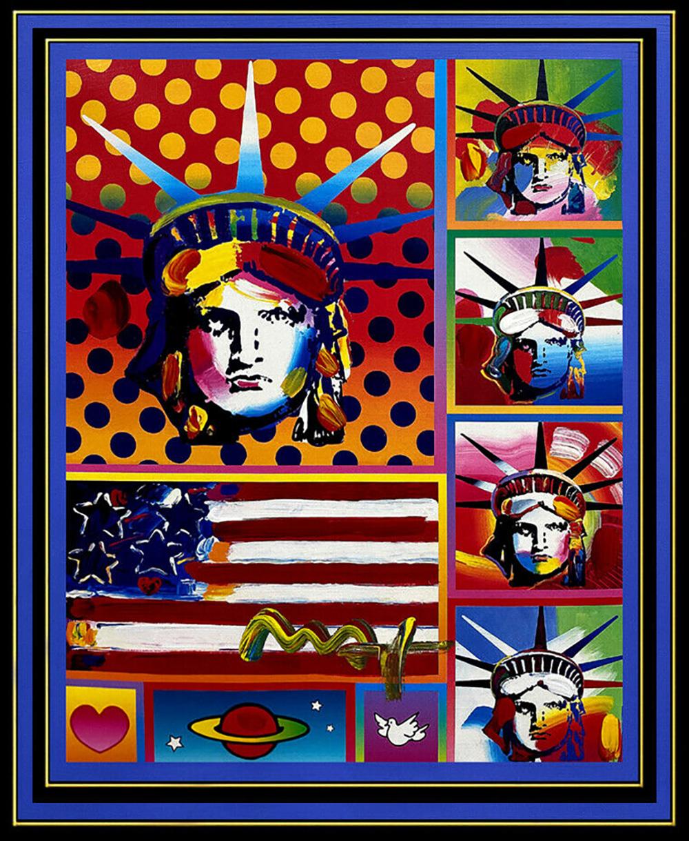 PETER MAX original signed PAINTING Statue of LIBERTY HEAD Art FLAG w HEART USA - Painting by Peter Max