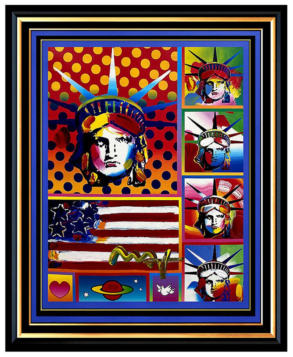 Peter Max Portrait Painting - PETER MAX original signed PAINTING Statue of LIBERTY HEAD Art FLAG w HEART USA