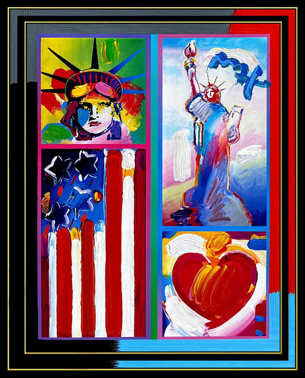 PETER MAX original signed PAINTING Statue of LIBERTY HEAD Art FLAG with HEART  - Painting by Peter Max