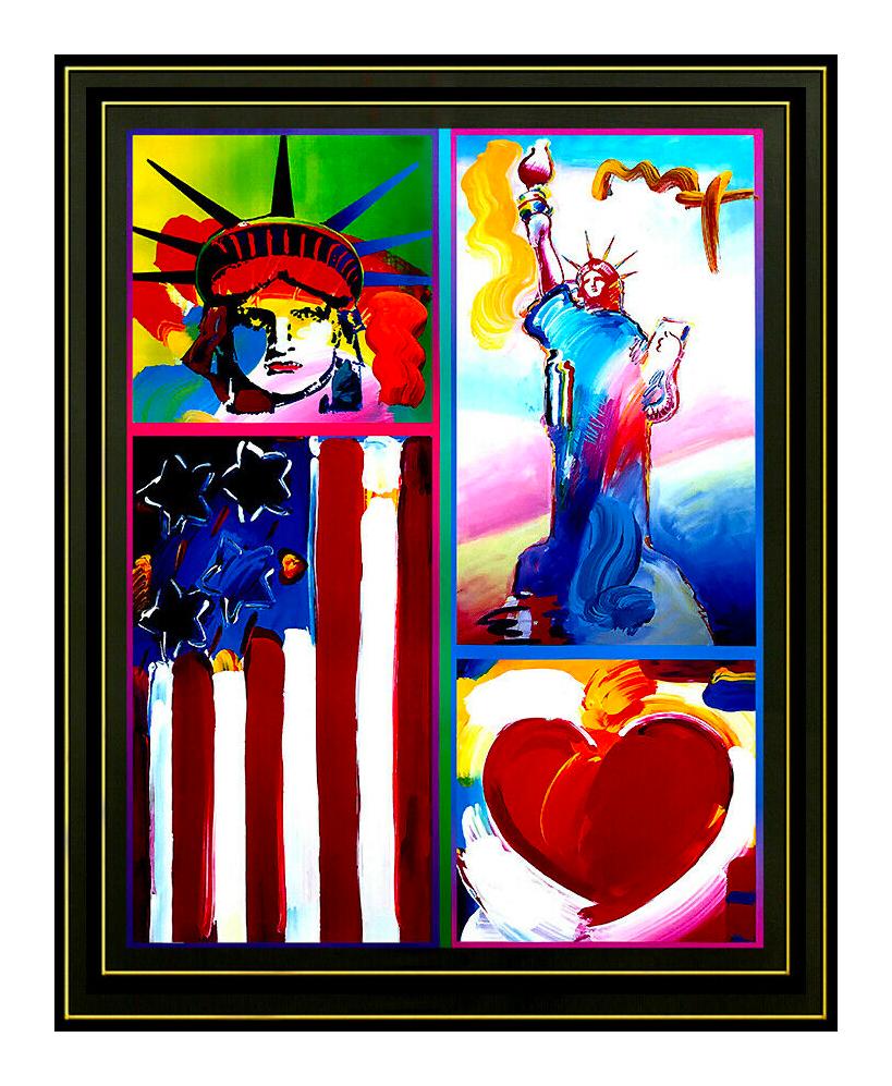 PETER MAX original signed PAINTING Statue of LIBERTY HEAD Art FLAG with HEART - Painting by Peter Max