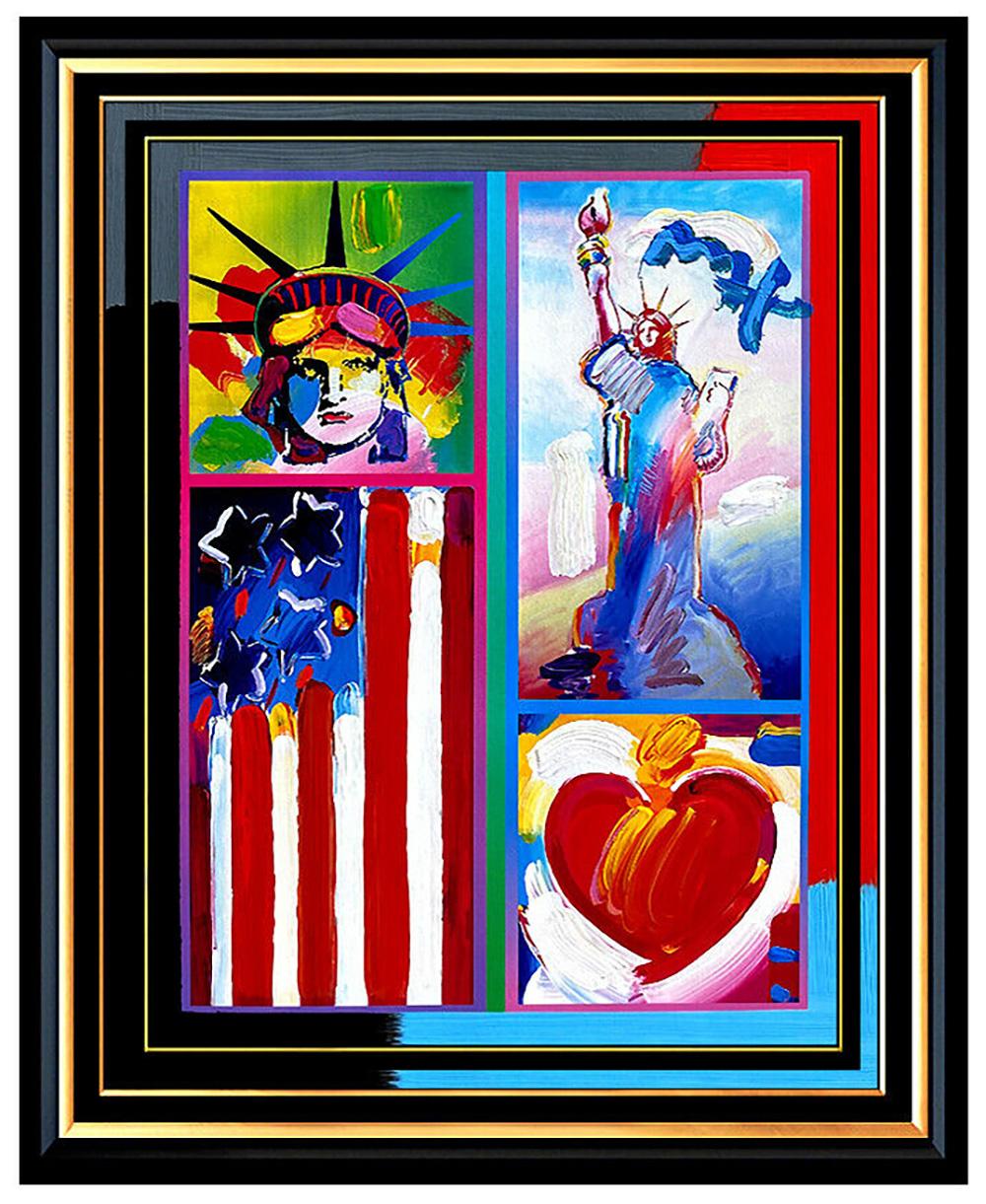 Peter Max Figurative Painting - PETER MAX original signed PAINTING Statue of LIBERTY HEAD Art FLAG with HEART 