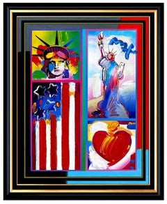 PETER MAX original signed PAINTING Statue of LIBERTY HEAD Art FLAG with HEART 