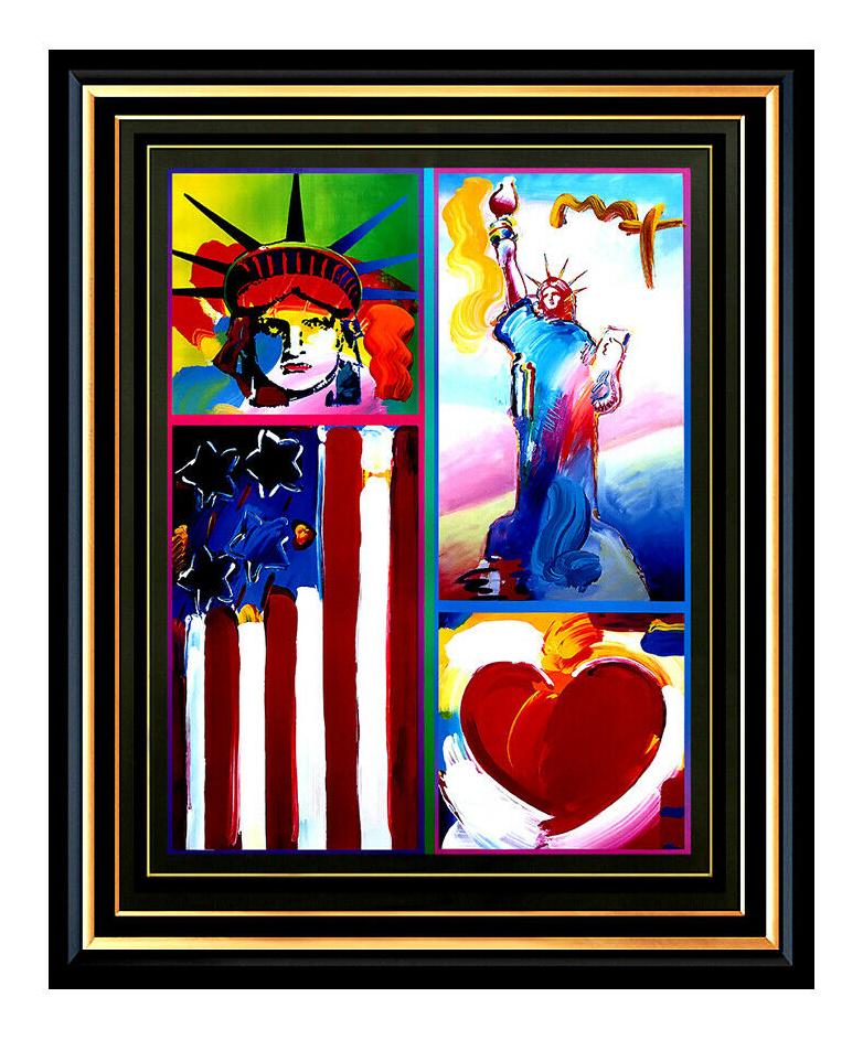 Peter Max Figurative Painting - PETER MAX original signed PAINTING Statue of LIBERTY HEAD Art FLAG with HEART